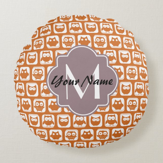 Almofada Redonda Corujas De Laranja Monogramas (Frente)