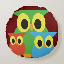 Almofada Redonda Corujas Verdes, Vermelhas e Azuis