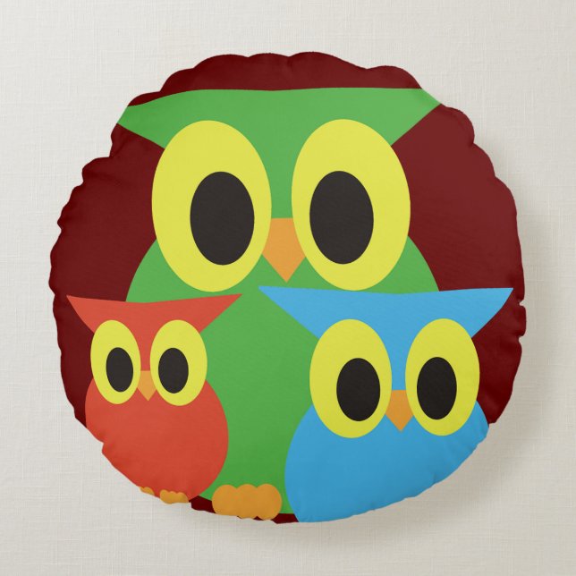 Almofada Redonda Corujas Verdes, Vermelhas e Azuis (Frente)