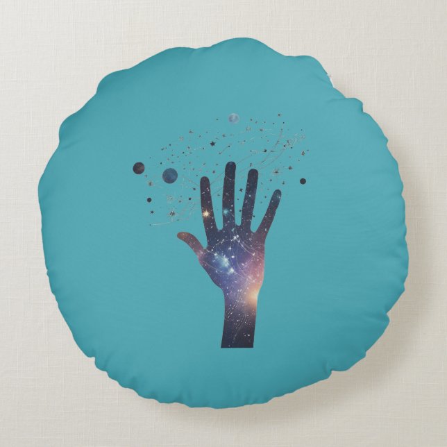 Almofada Redonda Cosmic Hand in Starry Galaxy – Surreal Spiritual S (Verso)