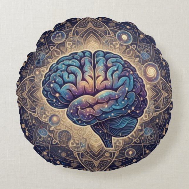 Almofada Redonda Cosmic Mind Mandala – Abstract Brain Art (Frente)