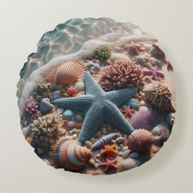Almofada Redonda Costeletas Azuis do Oceano de Praia Tropicais (Frente)
