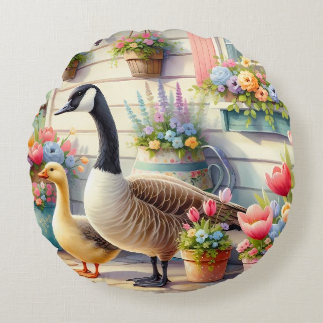 Almofada Redonda Cottage Garden Geese Spring Illustration (Frente)