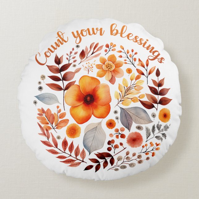 Almofada Redonda Count Your Blessings – Autumn Floral Wreath (Frente)
