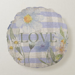 Almofada Redonda Country Love Floral Blue Gingham And Daisies