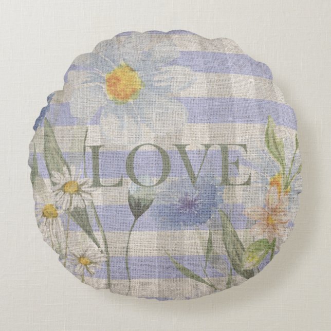 Almofada Redonda Country Love Floral Blue Gingham And Daisies (Frente)