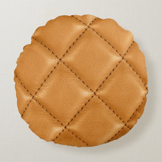 Almofada Redonda Couro castanho de luxo, textura interior. (Frente)