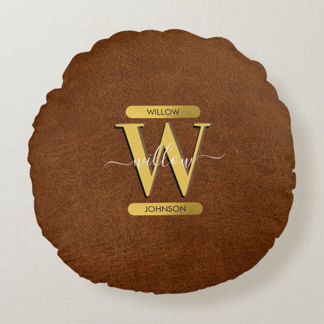 Almofada Redonda Couro e monograma Dourado, falsos e antigos (Frente)