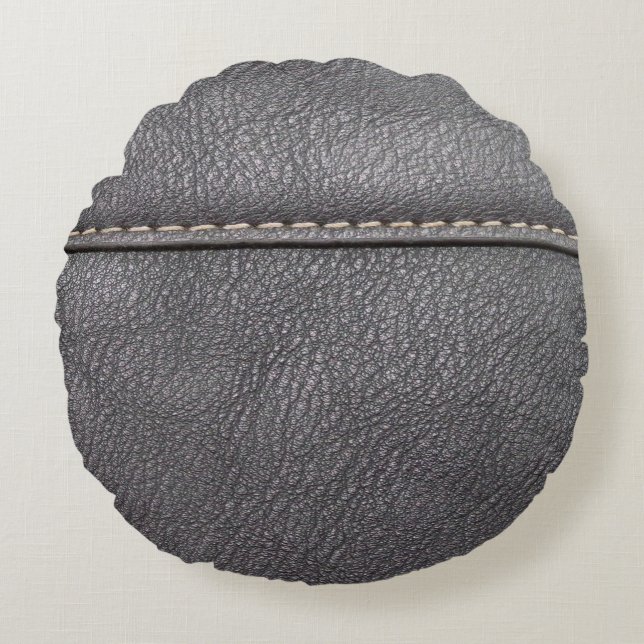 Almofada Redonda Couro preto, costurado com costura branca (Frente)