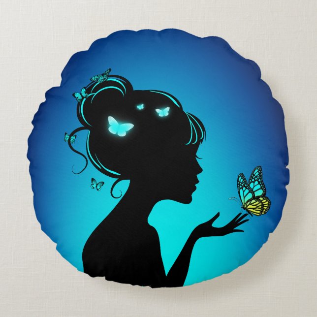 Almofada Redonda Coussins Ronds La femme papillons bleues (Frente)