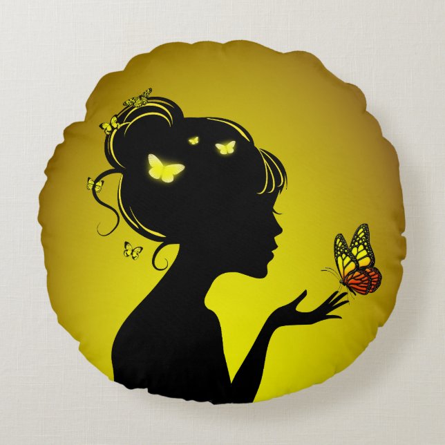 Almofada Redonda Coussins Ronds La femme papillons jaunes (Frente)