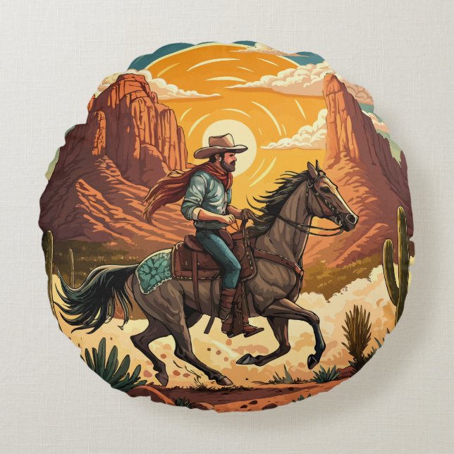 Almofada Redonda Cowboy Riding Horse at Sunset (Frente)