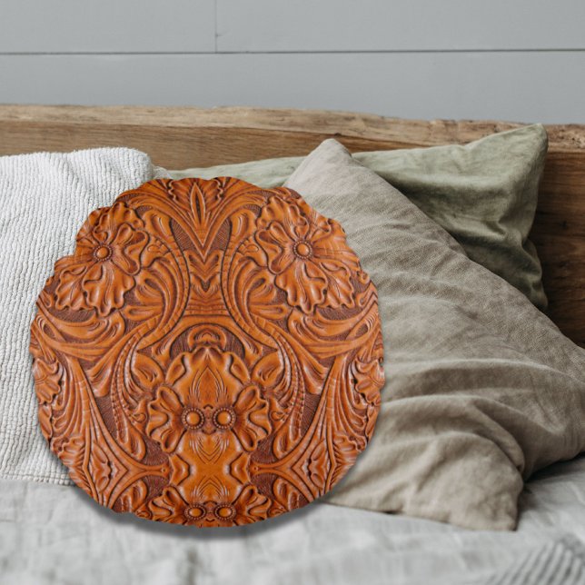 Almofada Redonda Cowboy Rustic Western Country com ferramentas de i (Cowboy Rustic western country tooled leather print Round Pillow)