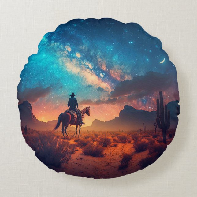 Almofada Redonda Cowboy Western Desert Night Ride Cactus (Frente)