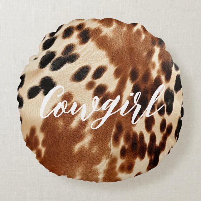 Almofada Redonda CowGirl Brown White Cowhide Ocidental (Frente)