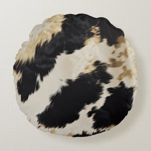 Almofada Redonda Cozy Black Cream Dourado Southwest Cowhide (Frente)