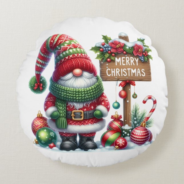 Almofada Redonda Cozy Christmas Gnome Art – Festive Holiday (Frente)