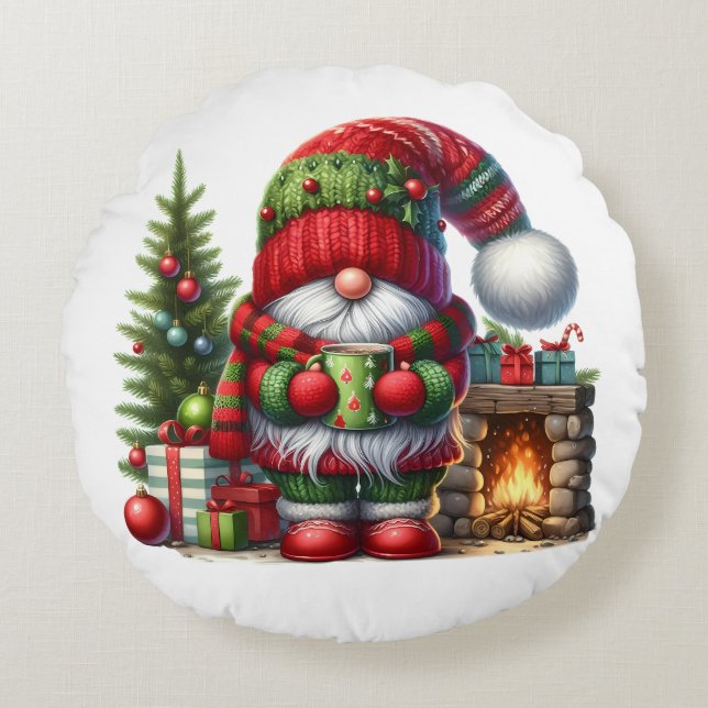 Almofada Redonda Cozy Christmas Gnome Art – Festive Holiday (Frente)