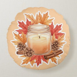 Almofada Redonda Cozy Fall Candle with Maple Leaves | Autumn Design