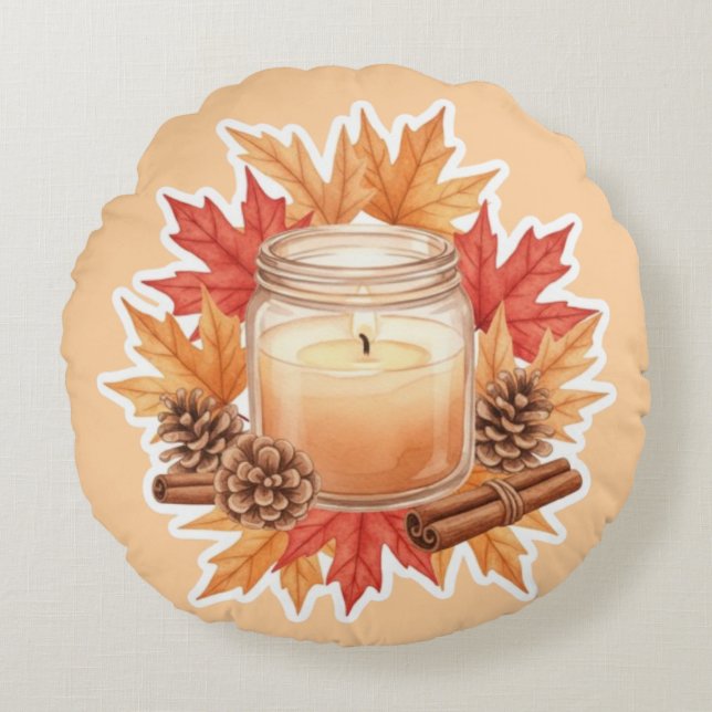Almofada Redonda Cozy Fall Candle with Maple Leaves | Autumn Design (Frente)