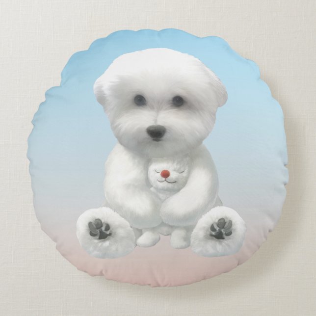 Almofada Redonda Cozy Plush Moment: Smiling Bichon Hugging Mini Pup (Frente)