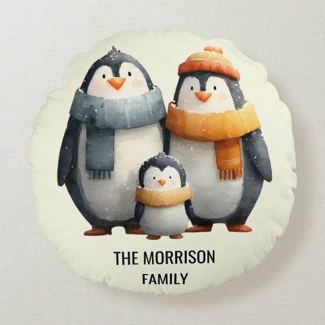 Almofada Redonda Cozy Winter Penguin Family (Frente)