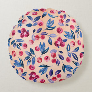 Almofada Redonda Cranberry Watercolor: Berries Selvagens Sem Costur