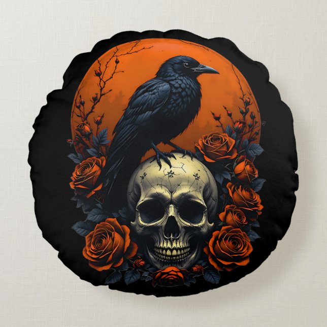 Almofada Redonda Crânio com Rosas e doce gótico (Frente)