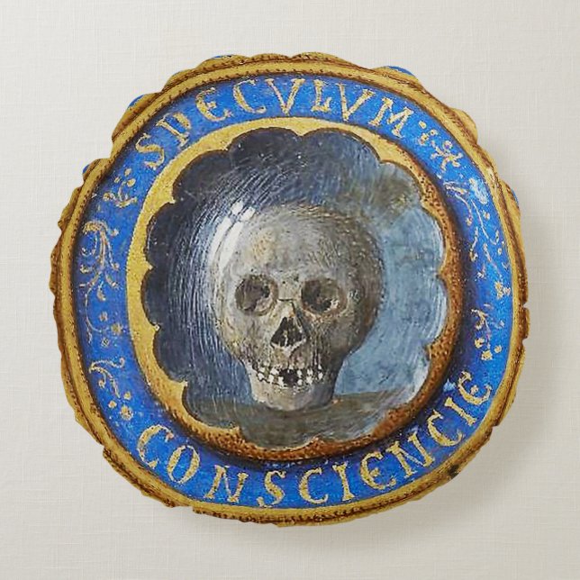 Almofada Redonda Crânio de Manuscrito Medieval Tardio (Frente)