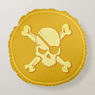 Almofada Redonda Crânio e Ossos Pirata Dubloon Moin Tesouro