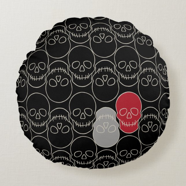 Almofada Redonda Crânios - Preto-Bato e Branco-Osso (Frente)