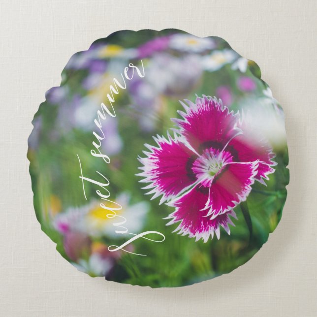 Almofada Redonda Cravo rosa com margaridas (Frente)