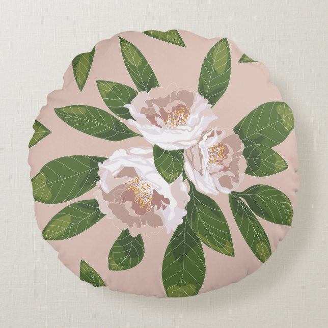 Almofada Redonda Cream Garden Harmony: Camellias e Greenery (Frente)