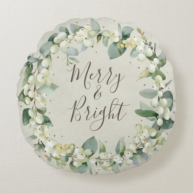 Almofada Redonda Cream Snowberry + Eucalyptus Christmas Wreath (Frente)