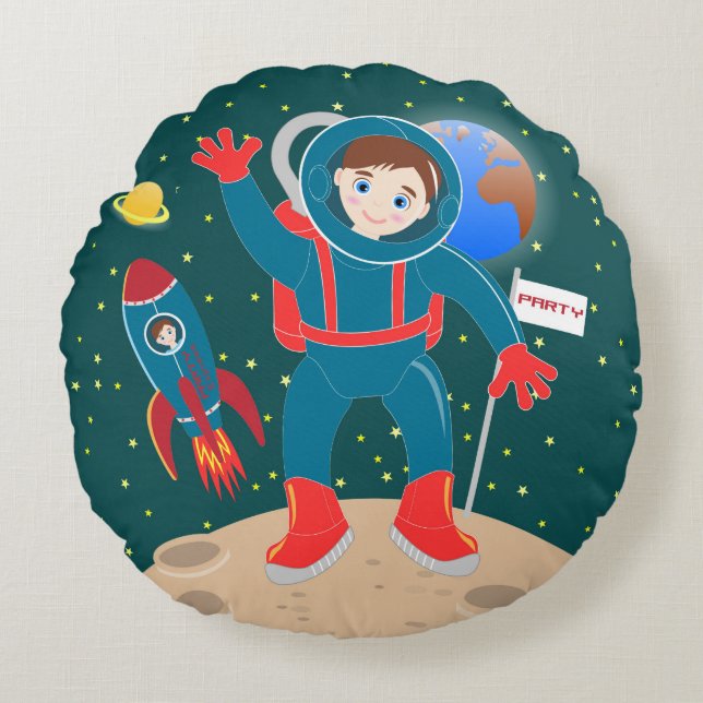 Almofada Redonda Criança astronauta na festa de aniversário da lua (Frente)