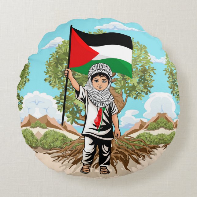 Almofada Redonda Criança com Keffiyeh Palestine Flag e Olive Tree (Frente)