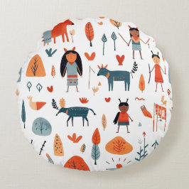 Almofada Redonda Crianças da Tribo de Arte Étnica Nativa Americana