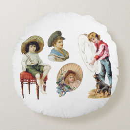 Almofada Redonda Crianças Victorianas charmosas e Colagem de Cães