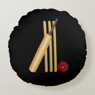 Almofada Redonda Críquete - Wicket, Bat and Ball, fundo preto