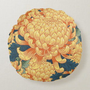Almofada Redonda crisântemos japoneses: padrão floral amarelo.