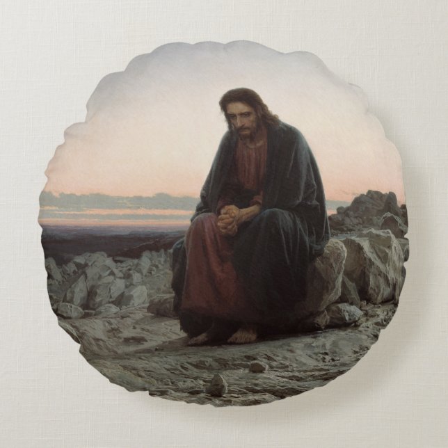 Almofada Redonda Cristo na Natureza Selvagem (por Ivan Kramskoi) (Frente)