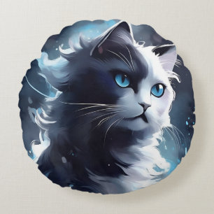 Almofada Redonda Cristóvão Místico Preto e Branco Gato de Aquarel