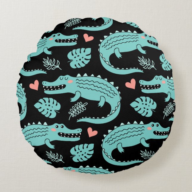 Almofada Redonda Crocodilos de animação, um padrão perfeito. (Frente)