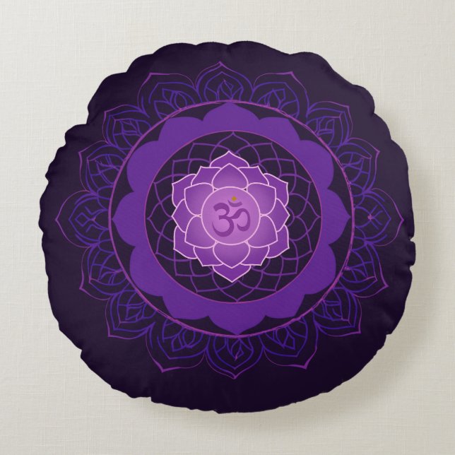Almofada Redonda Crown Chakra Mandala - Sahasrara Com Om Purple (Frente)