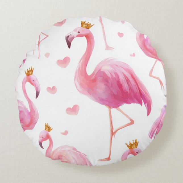 Almofada Redonda Crowned Flamingo – Luxe Island Vibes (Frente)