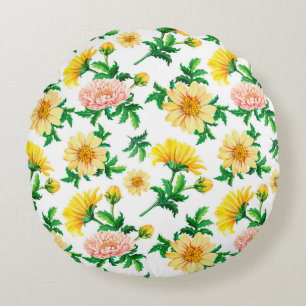 Almofada Redonda Crysântemos de aquarela. Flores amarelas com grã