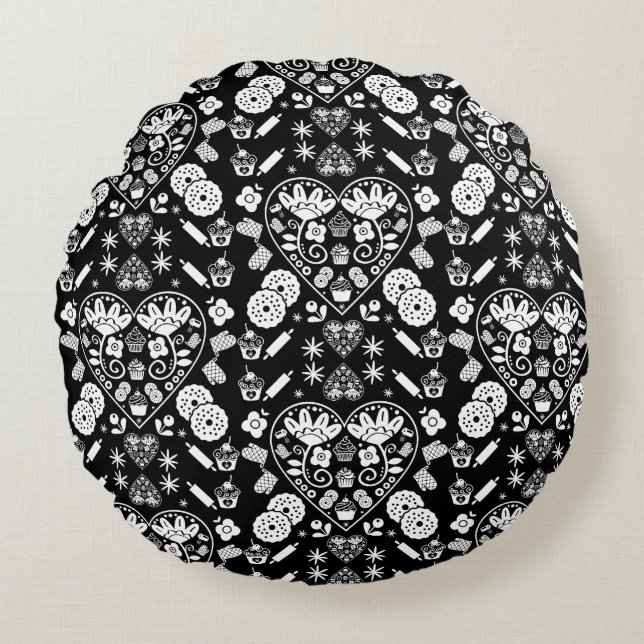 Almofada Redonda Cupcake Baking Folk Art (Frente)