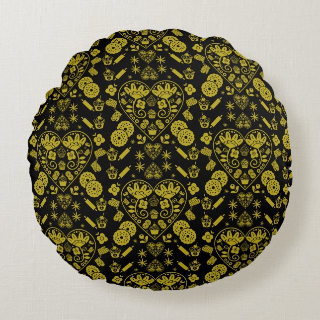 Almofada Redonda Cupcake Baking Folk Art (Frente)