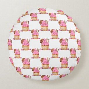 Almofada Redonda Cupcake Cor De Água Rosa Com Padrão De Chocolate