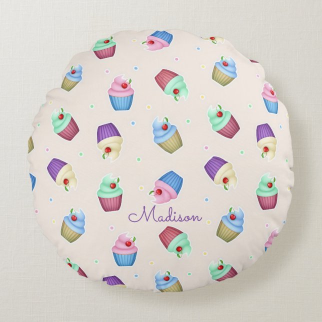 Almofada Redonda Cupcakes Coloridos Fofos (Frente)